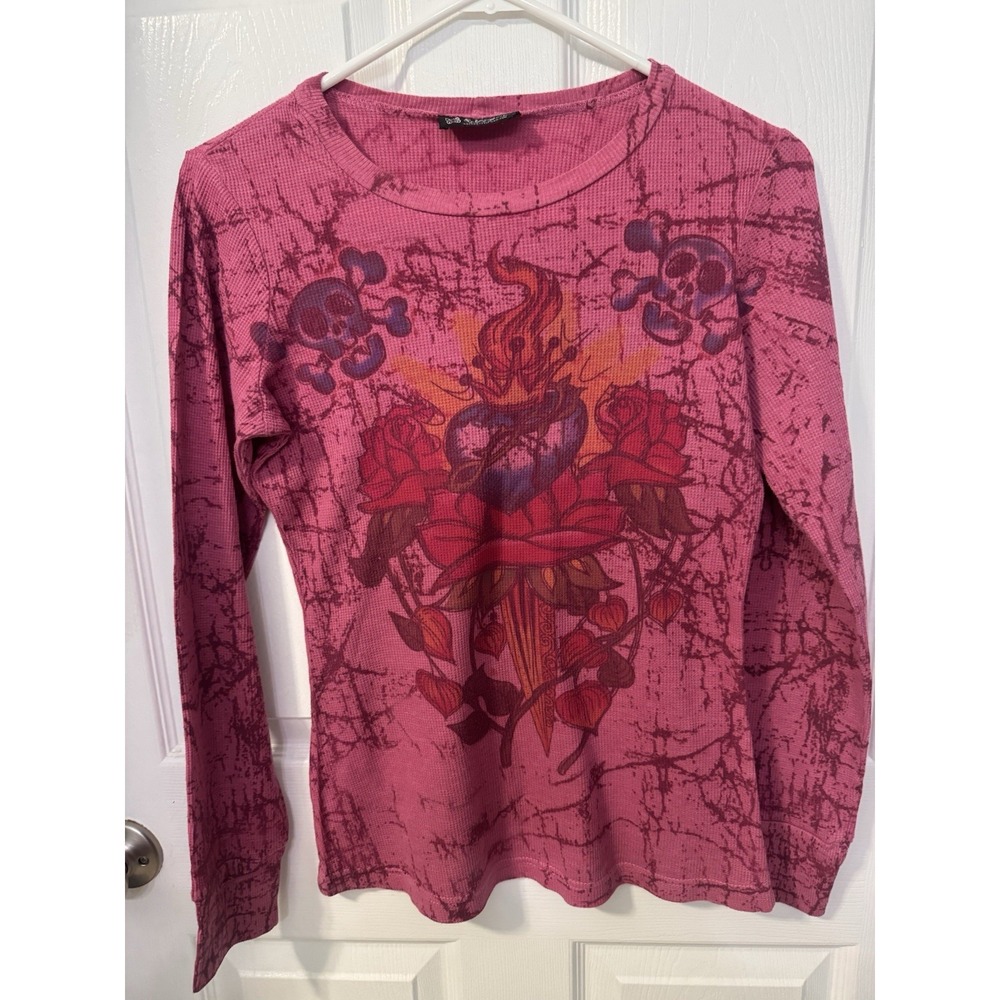 Vintage Self Esteem Women's Pink Thermal Skull Shirt Roses Grunge Y2K Xs LS